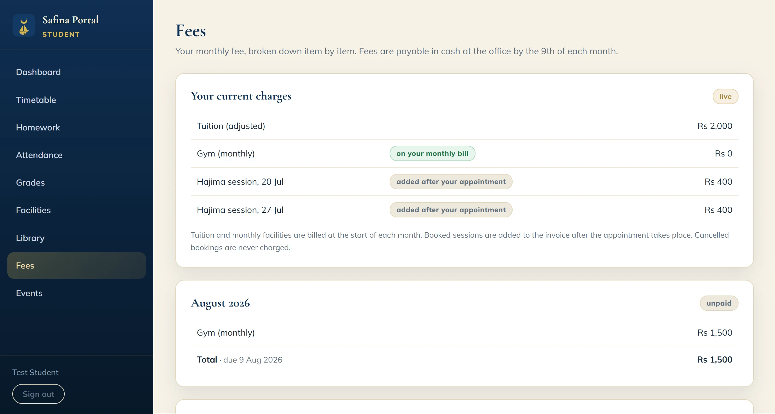 Fees page